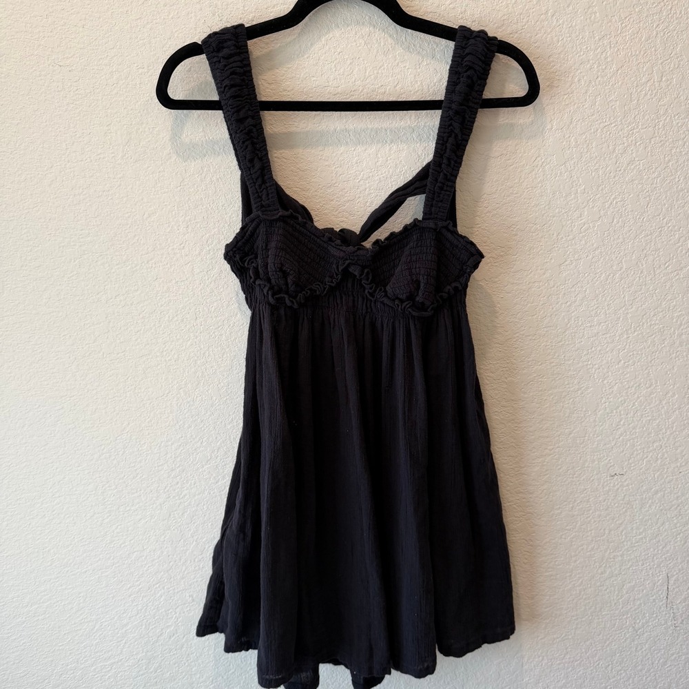 Free People Black Smocked Babydoll Tank Top Tie Back Ruffle Gauze Size S